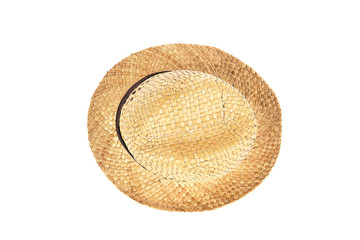 Summer beige straw hat isolated on white background.Close up of handcraft weave wide brim hat made from reed,bamboo,rattan.Decoration with ribbon band on plain design.Fashion,Holiday,Decor Concept.