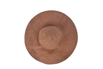 Summer beige straw hat isolated on white background.Close up of handcraft weave wide brim hat made...