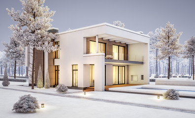 3d rendering of modern cozy house with garage for sale or rent with many snow on lawn. Cool winter evening with cozy warm light from windows
