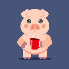 Cute Pig drinks coffee. Vector cartoon animal character isolated on background.
