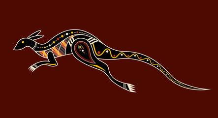 Kangaroo. Aboriginal art style. Vector color illustration isolated on brown background.