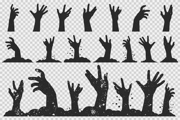 Fotobehang Zombie hands black silhouette. Vector Halloween icons set isolated on a transparent background. © Roi_and_Roi