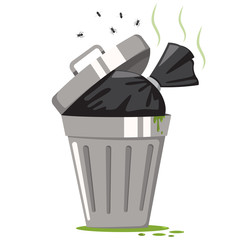 Garbage can with trash black bag and fly. Vector cartoon waste and rubbish icon isolated on a white background.