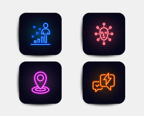 Neon glow lights. Set of Stats, Face biometrics and Location icons. Lightning bolt sign. Business analysis, Facial recognition, Map pointer. Messenger.  Neon icons. Glowing light banners. Vector