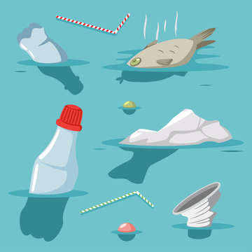 Plastic trash in the ocean. Sea with garbage, waste. Vector cartoon  illustration of polluted environment. Stock Vector | Adobe Stock