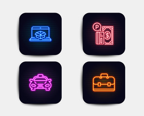 Neon glow lights. Set of Online delivery, Taxi and Parking payment icons. Portfolio sign. Parcel tracking website, Public transportation, Paid garage. Business case.  Neon icons. Glowing light banners