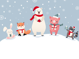 Christmas, New Year or winter card with cute cartoon animals and pig.