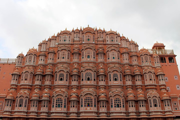 The front view of Hawa Mahal (Palace of Winds or Breeze) in Jaipur with so many chambers.