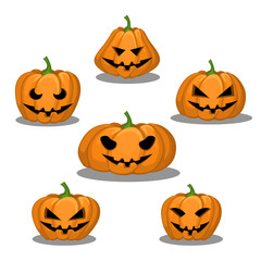 Set of six pumpkins of different shapes for Halloween with different emotions on a white background.