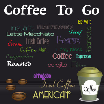 Fototapeta Abstract colorful background with coffee beans, coffee cup and the text coffee to go written above with white letters