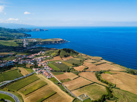 Top view of the green fields of San Miguel island, Azores, Portugal.