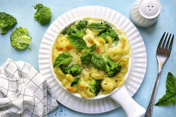 Mac and cheese with broccoli.Top view.