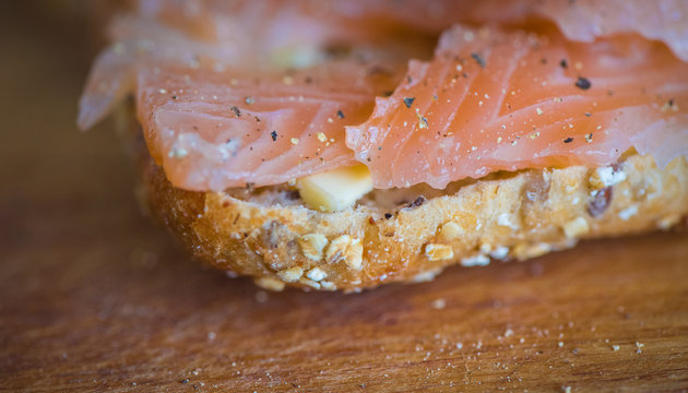 Raw salmon sandwich, macro view