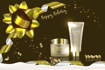Beauty product, gold cosmetic containers with advertising background ready to use, holiday concept skin care ad, illustration vector.