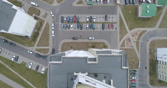 Residential area, flight over residential buildings, urban infrastructure, microdistrict aerial view.