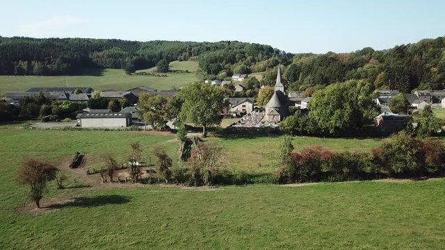 Aerial of a village in the Belgian Ardennes