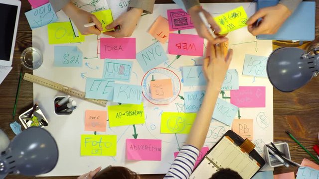 Top view of unrecognizable business people making mind map on large sheet of paper and moving sticky notes around it while brainstorming project ideas