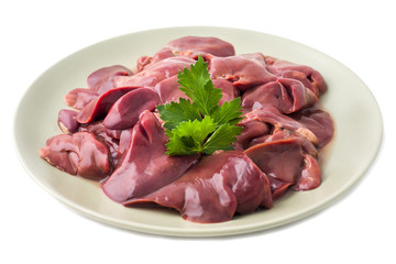 Fresh raw chicken liver on a plate. Isolated on white