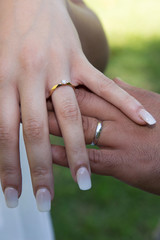 Wedding rings on couple hands fingers in wedding day