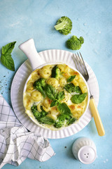Mac and cheese with broccoli.Top view.