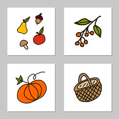 Vector icons of basket, rowan, pear, apple, arcons, pumpkin in cartoon style. Suitable for greeting cards and templates.