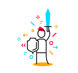 Vector business illustration of a man holding sword and shield. Defender to solve problem creative linear concept.