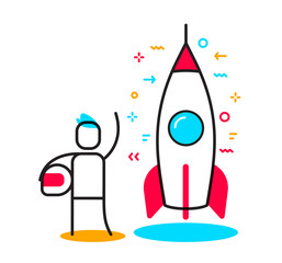 Vector business illustration of man with helmet and rocket. Startup and cosmic travel linear concept.