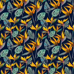 Naklejka na ściany i meble Tropical floral seamless pattern background in watercolor technique with exotic flowers and leaves. Jungle botanical illustration.