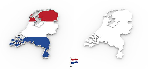 3D map of Netherlands white silhouette and flag