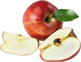 Fresh red apple and half isolated on white background