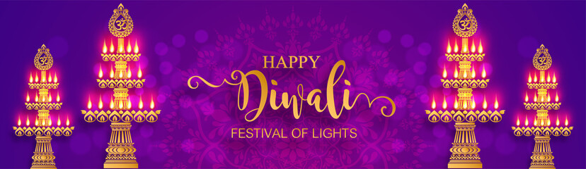 Naklejka na ściany i meble Happy Diwali festival card with gold diya patterned and crystals on paper color Background.