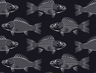 Vector seamless background with white drawn sketches of fish on black background. Hand-drawn illustration in retro style. Can be used for seafood menu or fish market