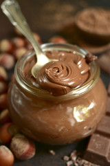 Homemade chocolate hazelnut spread in a vintage jar.