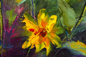 Fototapeta na wymiar Flowers painting, yellow wild flowers daisies, orange sunflowers on a blue background, oil paintings landscape impressionism artwork fine art