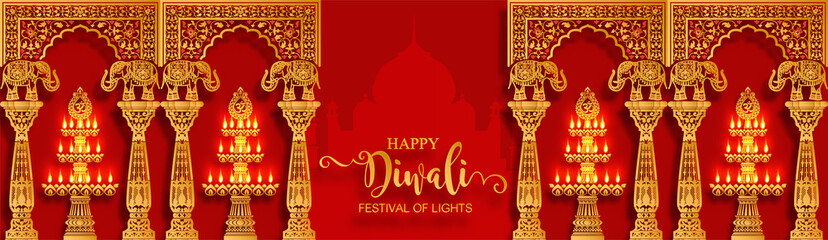 Happy Diwali festival card with gold diya patterned and crystals on paper color Background.