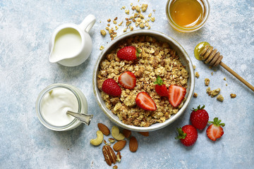 Multicereal homemade organic granola served with fresh strawberry, nuts, honey, milk and yogurt.Top view with copy space.