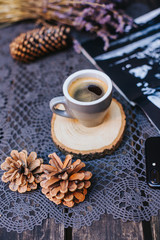 Coffee cup on table. Cup of hot latte coffee in the relaxing time. cup of coffee on wooden. Lavender. Aroma of lavender. Aroma of coffee.