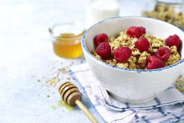 Homemade multicereal granola with fresh raspberry, honey and dairy product.