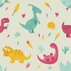 Bright seamless pattern with cute dinosaurs