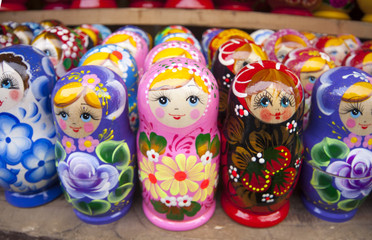 Matryoshkas with miniature painting (nested doll) at the flea market Izmailovo. Moscow, Russia....