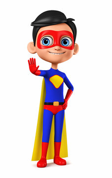 Boy in a blue superhero costume shows off a stop sign on a white background. 3d render illustration.