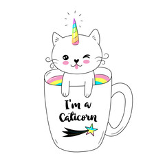 Vector illustration of a little cute white cat unicorn or caticorn . Can be used as greeting card, sticker, kids t-shirt design, print or poster