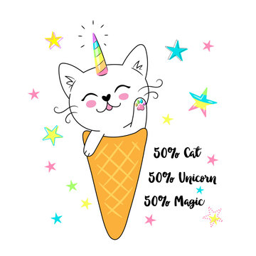 Vector illustration of a little cute white cat unicorn or caticorn . Can be used as greeting card, sticker, kids t-shirt design, print or poster
