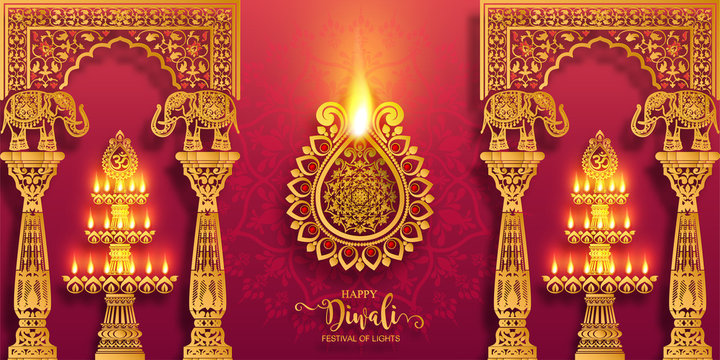 Happy Diwali festival card with gold diya patterned and crystals on paper color Background.