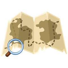 Cartoon vector treasure map with magnifier