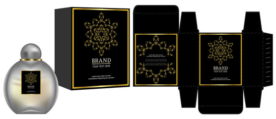 Packaging design, Label on cosmetic container with black and gold luxury box template and mockup box. vector illustration.	