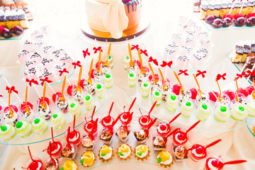 Different kinds of baked sweets on a buffet