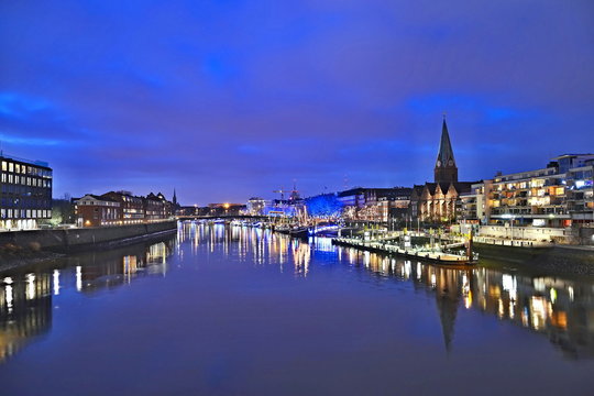 Germany-Bremen and river Weser at night