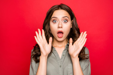 Close up portrait brunette lady with cool hairstyle, big eyes an