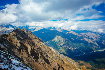 Aerial view from the drone. Summer mountain landscapes of Karachay Cherkessia, Dombay, Western Caucasus.